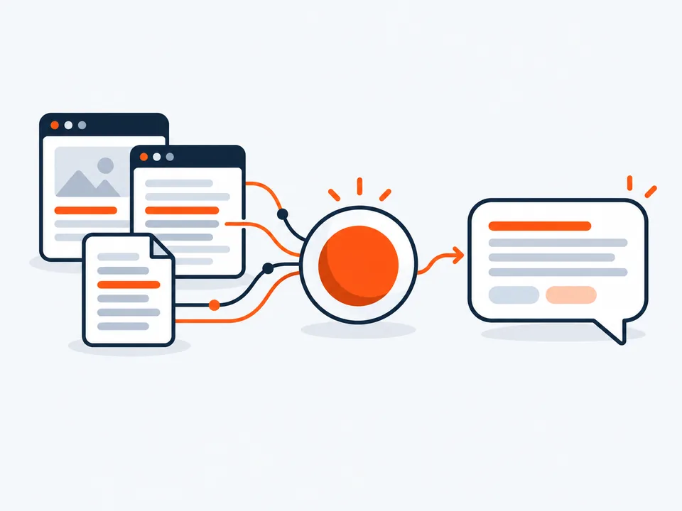 Pages and help docs feeding the AI agent, which answers in a chat bubble