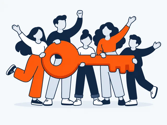 A team of people carrying one big key together